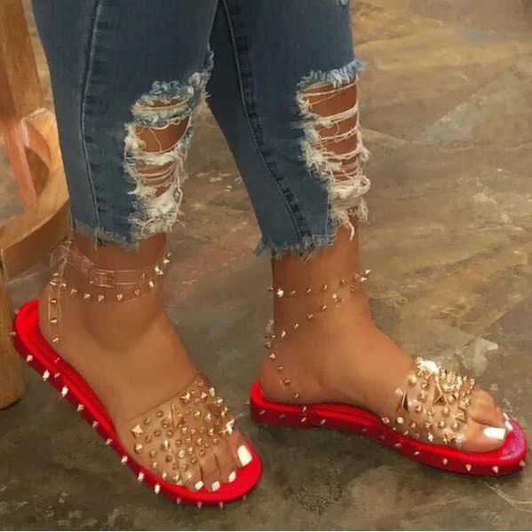 

snake pattern graffiti rivet rhinestone outdoor beach flat durable slippers women 2020 new spring/summer sandals pvc rivets 43, Black