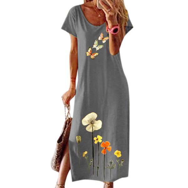 

women dress long cotton floral print vintage maxi dress causal short sleeve summer dresses women cloth party vestidos de verano, Black;gray