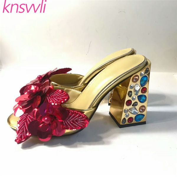 

colourful crystal studded heel slippers women string bead flowers peep toe party shoes chunky high heel zapatos mujer, Black