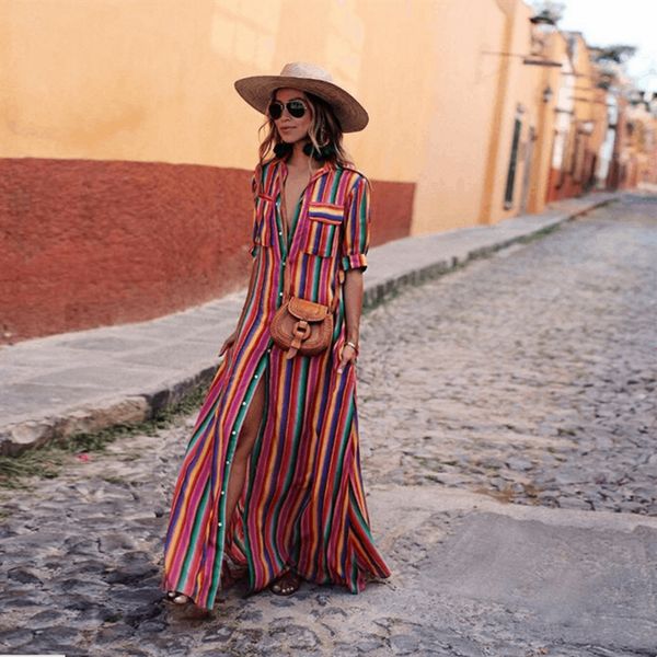 

Short Sleeve Boho Striped Casual Long Dress Summer 2019 Vintage Women Dress Elegant Streetwear Loose Sexy Black Shirt Dresses