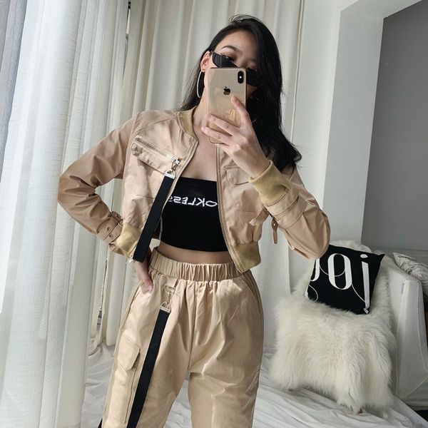 

patchwork jacket women moto & biker short slim jackets streetwear 2019 cropped spring autumn punk coat casaco feminino qt08, Black;brown