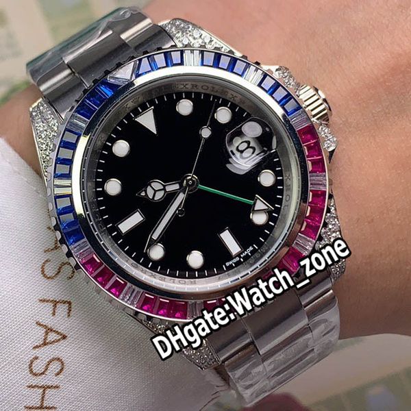 Nova caixa Aço GMT-Master II 116759 Saru-78209 Black Dial automático Mens Watch pulseira de aço Sapphire arco-íris Diamante Bisel Watch_Zone