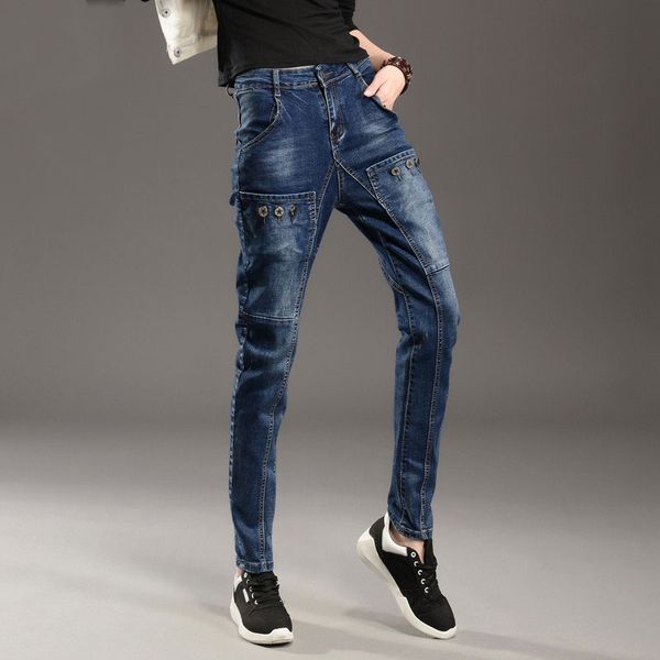 

spring and autumn new type models ladies big pockets jeans loose casual collapse pants harem pants tb7728, Blue