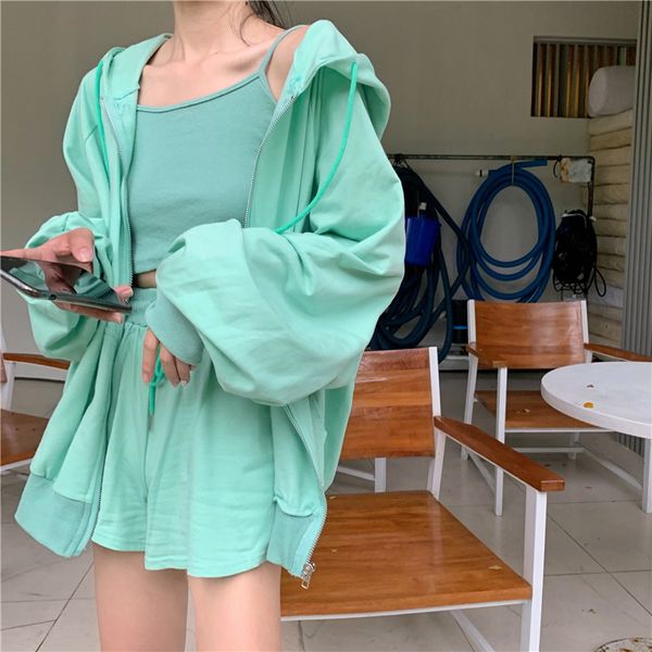 

три piece set женщина с капюшоном фонариков рукав куртка узелок bowknot wide leg короткой pant костюм женского 2020 мода одежда t705, White