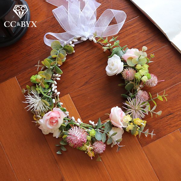 

cc flower garland crown tiara hairbands 100% handmade wedding hair accessories for bridal bridesmaids girls party beach mq063, Golden;white