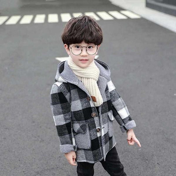 

children's boy multi-color plaid hooded coat winter teenage boys long sleeve thicken warm overcoat korean kids casual long coats, Blue;gray