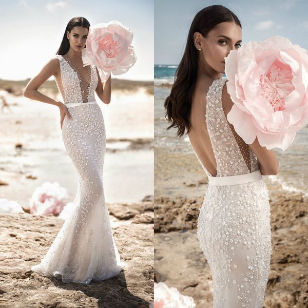 

2019 mermaid wedding dre e backle heer deep v neck appliqued bead beach wedding dre robe de mariÃ©e