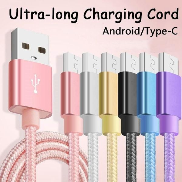 

cell phone cables for s21 s10 s8 s9 note 10 note 9 1m/2m/3m 3ft 6ft 10ft metal housing braided micro usb cable high speed data sync usb fast