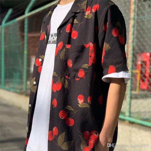 

19ss box logo cherry rayon shirt printing tee week9 men women loose shirt fashion summer beach shirt hflscs027, White;black