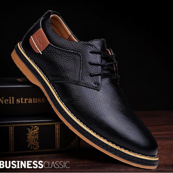 

men oxford shoes genuine cow leather lace up office business casual shoes big size 38-48, Black