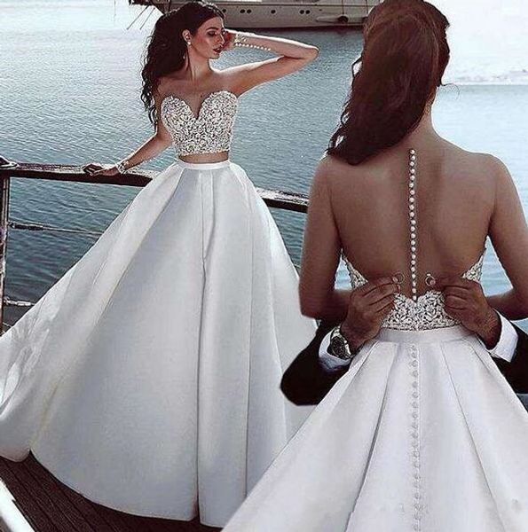 

2020 elegant sheer jewel neck two piece a-line wedding dresses crystal beaded puffy stain overskirts beach wedding dress bridal gowns, White
