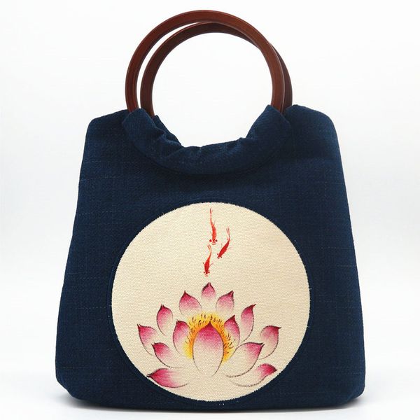 

original ethnic retro style hand-painted lotus wood handle handbag shoulder bag diagonal bag canvas female