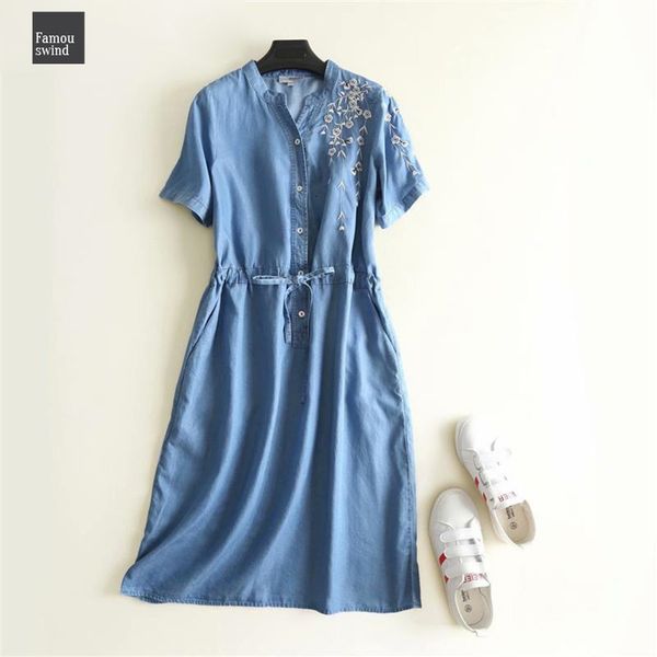 

summer soft dress denim long shirt tied button up short sleeves dresses pleated casual blue floral embroidery long jeans, Black;gray