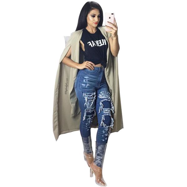 

fashion womens destroyed ripped distressed slim denim jeans boyfriend jeans hole pencil trousers 2019 new, Blue
