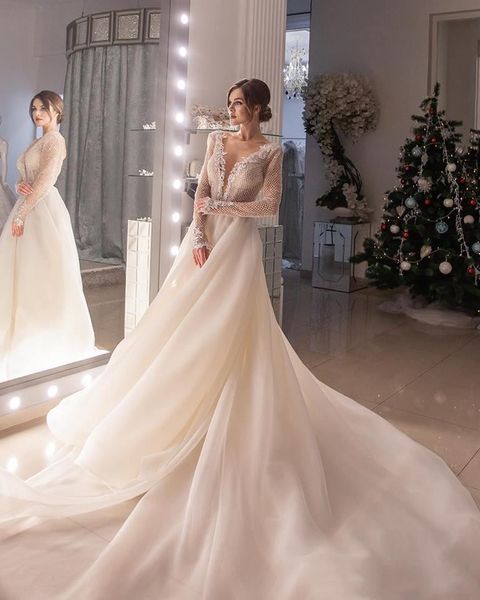

2019 organza vintage luxury long sleeve wedding dresses bridal gowns abito da sposa wedding gowns nigeria long train formal dress h074, White