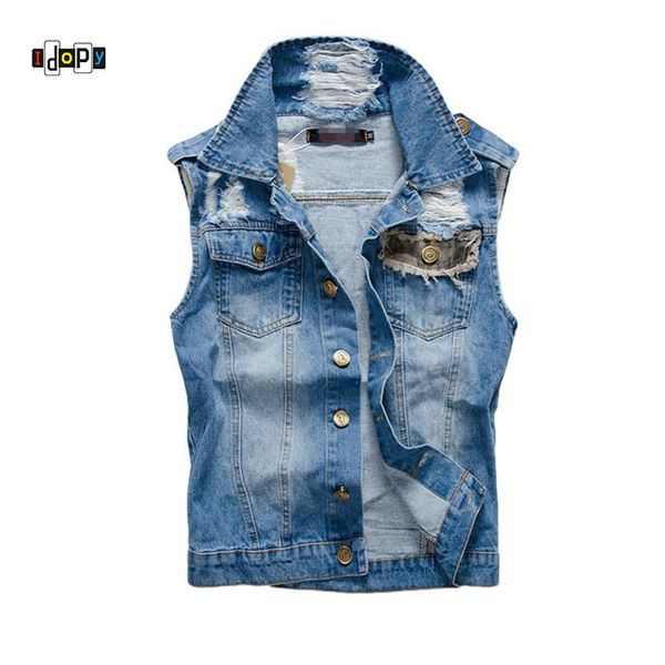 

idopy new stylish cool men`s denim vest plus size 5xl vintage ripped distressed waistcoat camo sleeveless jeans jacket for men, Black;white