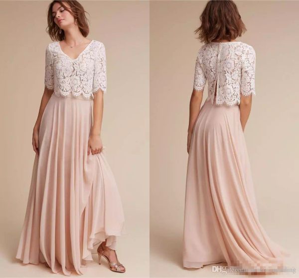 

2019 vintage two pieces lace boho bridesmaid dresses chiffon ruched blush pink maid of honor gowns long party dresses custom made, White;pink