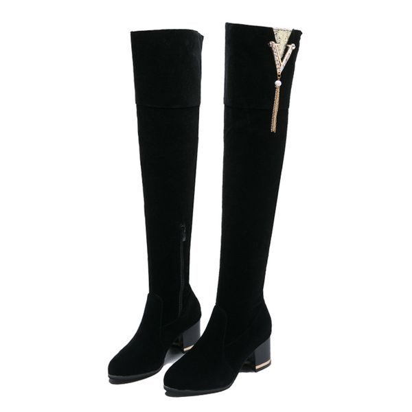 

women over knee boots winter ladies belt thin high heel increasing round toe boots shoes basicÂ party boot botas mujer #d2, Black