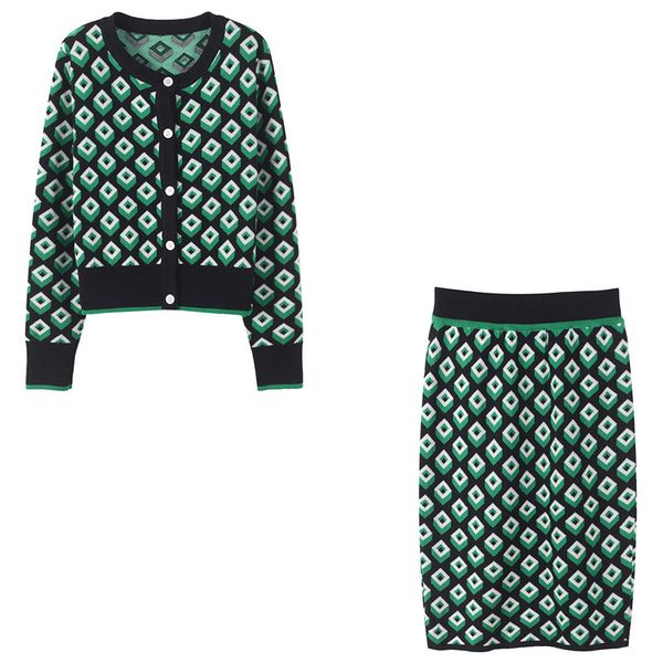 

sruilee argyle jacquard suit 2 piece set women suit striped cardigans skirt knit sweet outfits lingge twinset, Gray