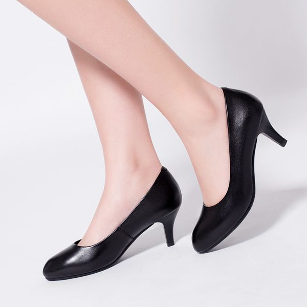 

genuine leather shoes women black high heels round-toe tacones mujer thin heel shallow mouth ladies shoes chaussure femme talon