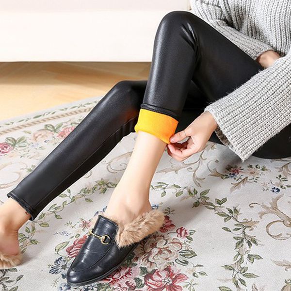

womens warm thick fleece lined faux leather pants high waist leggings, Blue