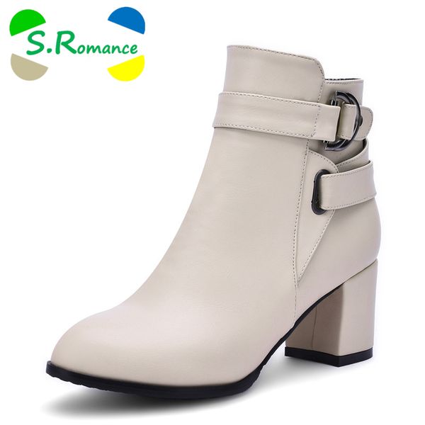 

s.romance women ankle boots plus size 34-43 square heel zip pointed toe classic fashion woman shoes black beige white sb345