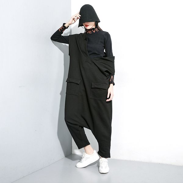 

lanmrem 2019 fashion winter new solid color short-sleeved sweater jumpsuit personality thickening casual pants 19b-a539, Black;white