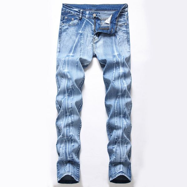 

men's jeans slim fit stretch straight oversized do-old denim pants washed wear white wild casual trousers punk streetwear 28-42, Blue