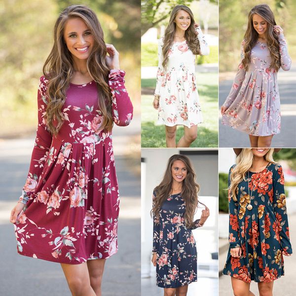 

women floral print boho dress girls long sleeve evening gown party o-neck bohemia dress beach sundress plush size ljja2685-1, Black;gray