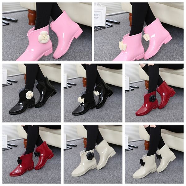 2022 Women Rain Boots galoshes south Korean style with flower bowknot antiskid low short Wellington water shoes rubber shoes add velvet autumn and winter