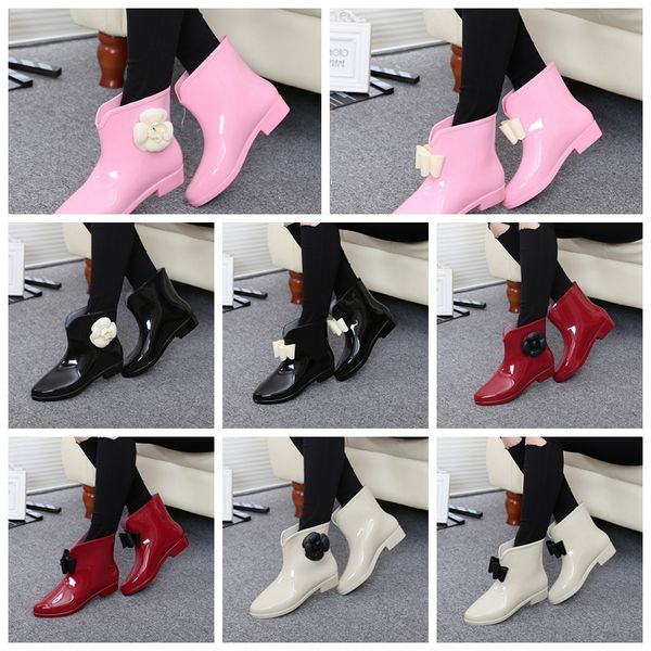 

2022 women rain boots galoshes south korean style with flower bowknot antiskid low short wellington water shoes rubber shoes add velvet autu, Black;red