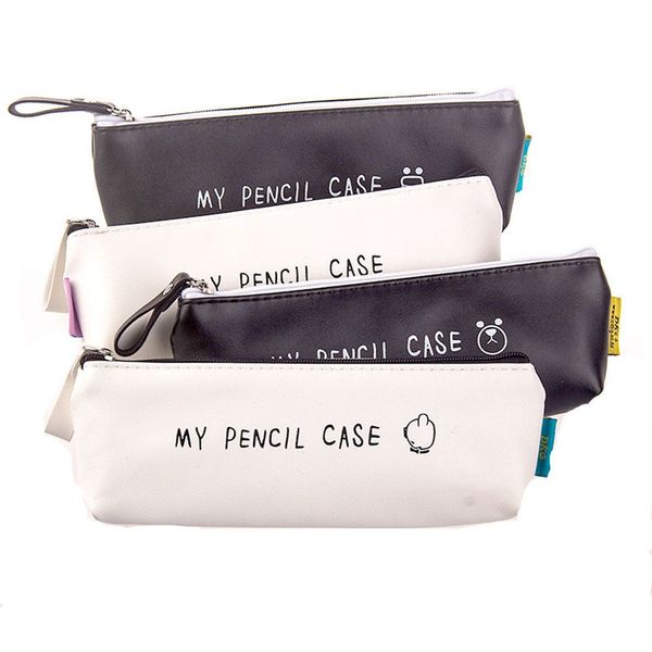 

kawaii cartoon triangle my pencil case classical black and white color waterproof pu leather school stationery pen bag