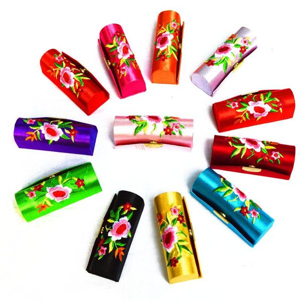 

vintage chinese style brocade embroidered female lipstick box cosmetic case make up mirror bridal wedding favors and gifts