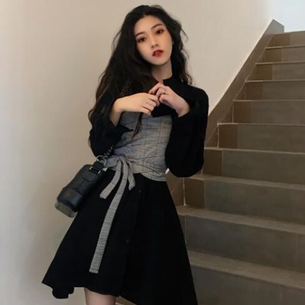 

fashion 2020 spring stand collar for women new arrival dress elegant patchwork mini vintage dress female mujer dj289, Black;gray