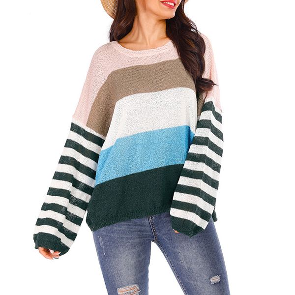 

plus size knit sweater women o-neck patchwork striped pull loose casual simple wild female pullover sweaters, White;black