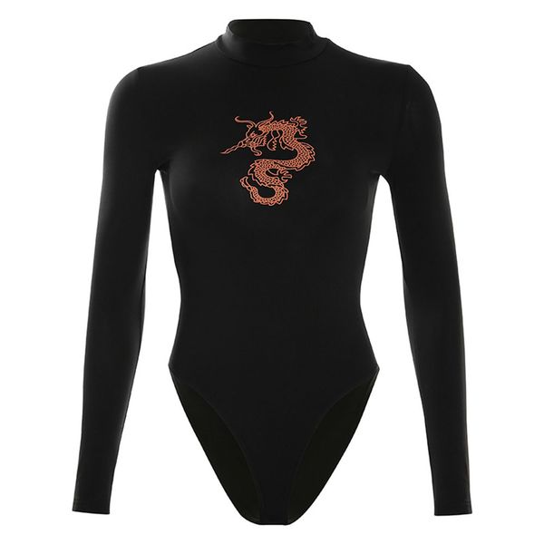 

дракон печати slim-fit с длинными рукавами футболки черные женщины боди случайные твердые регулярные хлопок полиэстер tutleneck женщины боди, Black;white