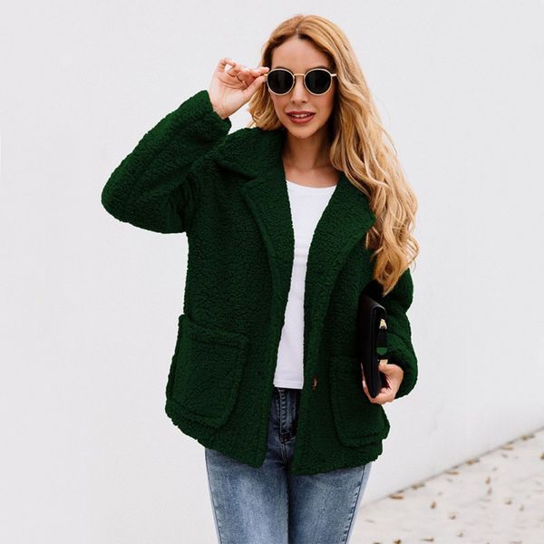 

faux fur coat women 2019 autumn winter thick warm soft jacket button lapel casual pocket long sleeve warm cashmere wool coat, Black