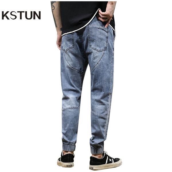 

kstun jeans men light blue stretch jogger pants loose fit spliced harem pants casual streetwear hip hop jeans men ankle banded