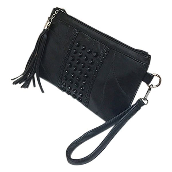

women shoulder bags rivet tassel punk woman soft bag handbags(black