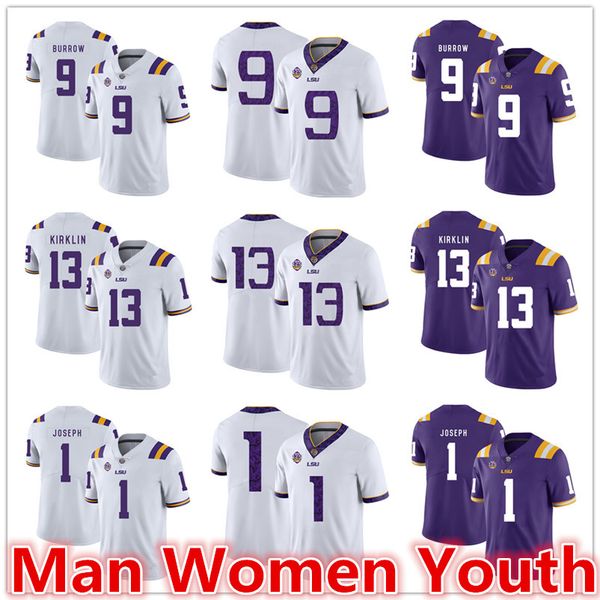 

customize ncaa lsu tigers burreaux football jerseys joe burrow 9 jontre kirklin 13 kelvin joseph 1 jersey any name number size s-5xl, Black