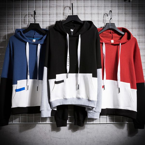 

autumn and winter printed man hoodies solid color patchwork men's sweatshirts pocket men hooded sweatshirts, Black