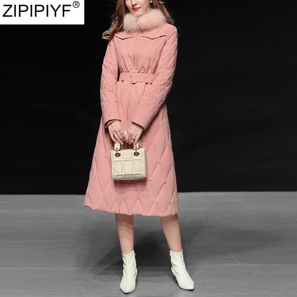 

2019 winter fashion white duck down fur collar long sleeve long slim coat mid-calf thick high-end elegant down jacket, Black