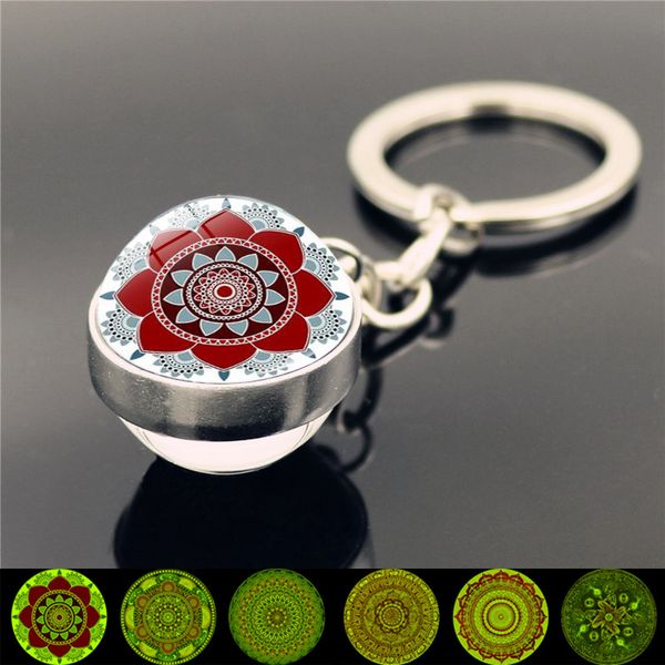 

buddhism jewelry with glow in the dark mandala flower shaped double side glass ball keychain ring yoga gift, Silver