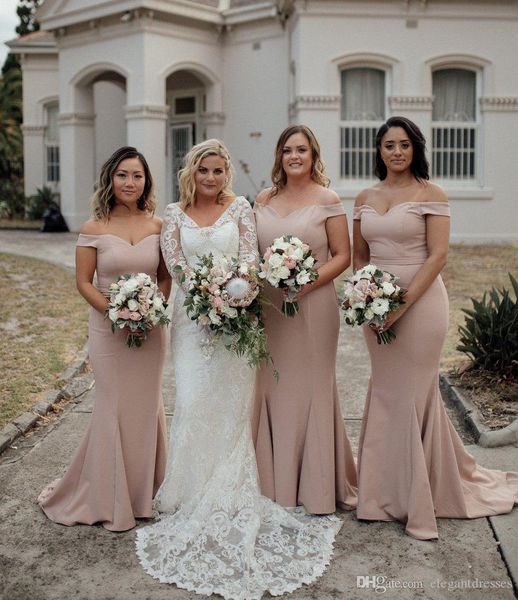 

simple mermaid bridesmaid dresses long off shoulder maid of honor plus size robe de robes de demoiselle d'honneur wedding guest gowns, White;pink