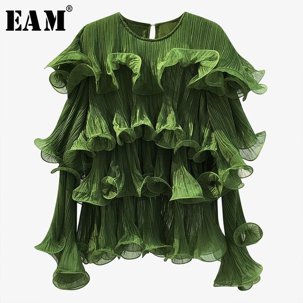 

eam] women pleated ruffles big size blouse new round neck long sleeve loose fit shirt fashion tide spring autumn 2020 1t314, White