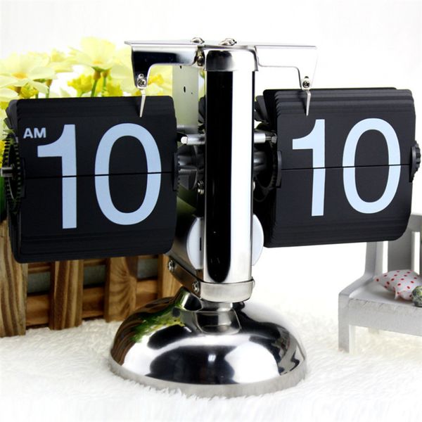 

simple office table clock small scale retro flip over clock deskstainless steel flip internal gear operated quartz clock
