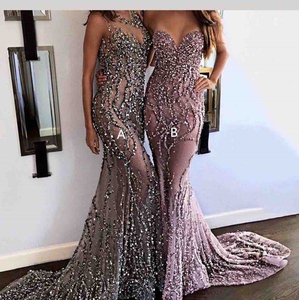

2020 sparkly sequined mermaid prom dresses vintage see through ctystal beaded evening gown long formal party pageant dresses, Black