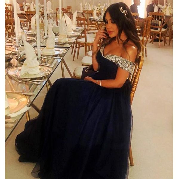 

elegant long prom dresses 2020 customize plus size beaded off the shoulder navy blue a line tulle formal evening dress, Black