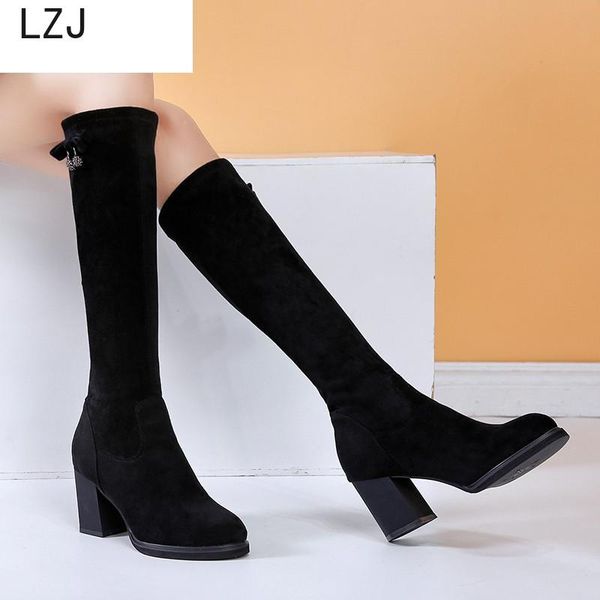 

new boots women flock women boots lace up high heels autumn shoes winter thigh high mid-calf crystal 2019, Black