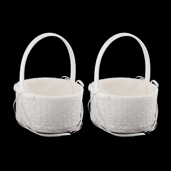 

2 piece fashion beautiful beige bowknot satin lace flower confetti girl basket for wedding banquet engagement accessories